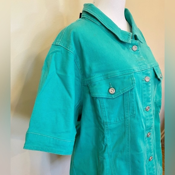 DG2 By Diane Gilman Jean Jacket Short Sleeve Aqua Green Top Plus Size 2X - Picture 4 of 8